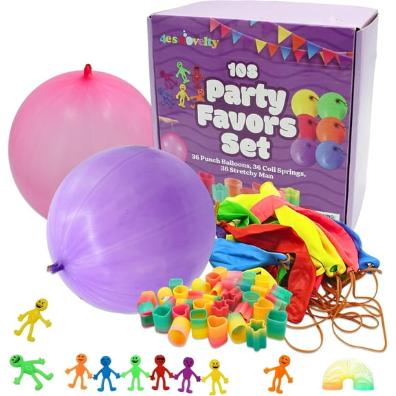 4E's Novelty 108 Pcs Party Favors for Kids - Punch Balloons, Coil Springs, Stretchy Men