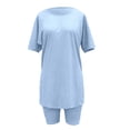 thumbnail image 5 of Tanghaowl Short Sets for Women, Women Casual Solid Round Neck Short Sleeve Summer High Slit Top Shirt Shorts Set Women's Shorts Suit 2 Piece Matching Set Blue S, 5 of 7