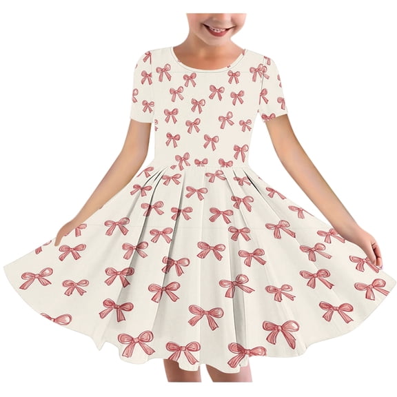 Riecok Summer Dress for 6 - 15 Year - Old Girls: Short - Sleeved Round - Neck, Easter Print, Waist - Tightening, Pocketed and Tiered Multicolor 7-8 Years