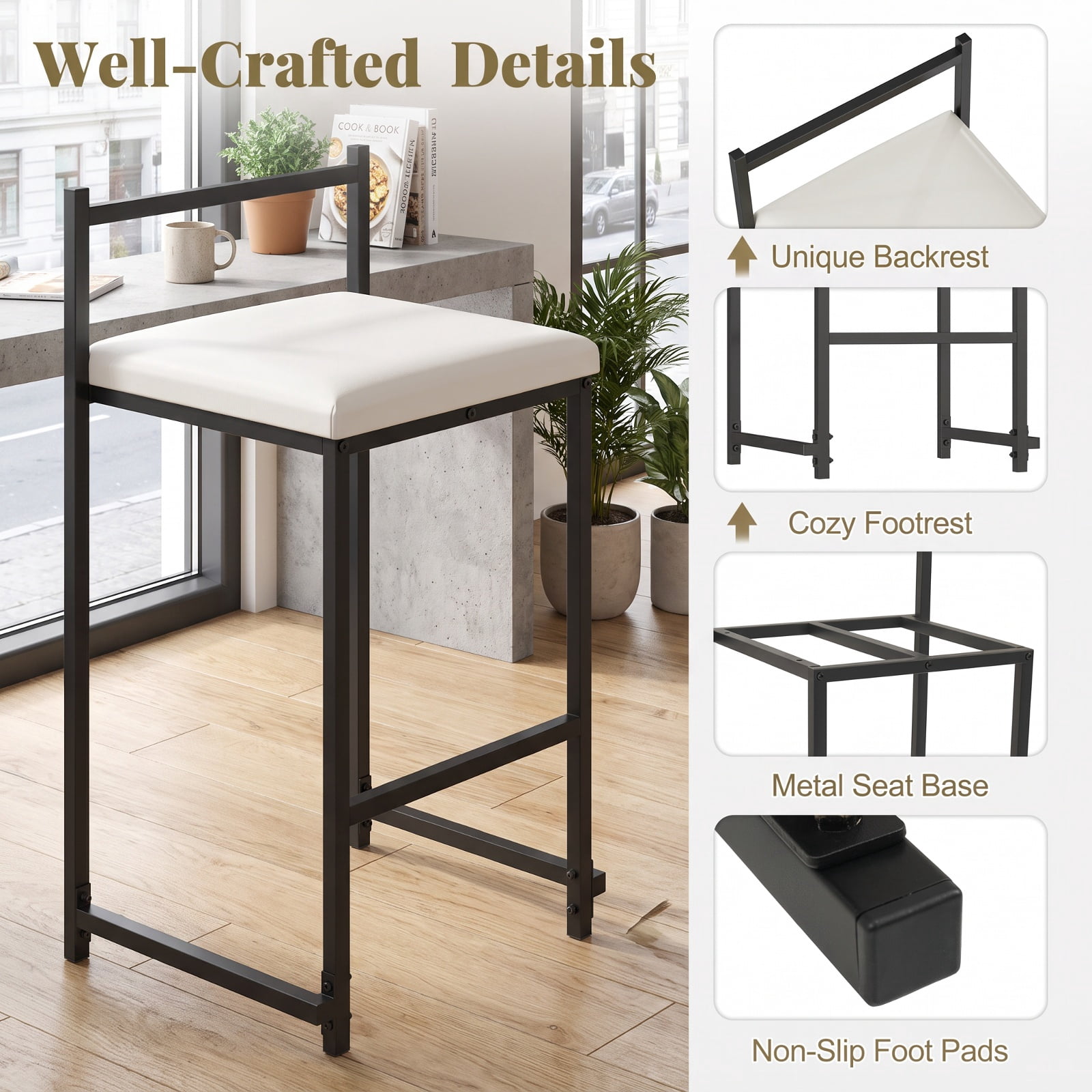 Furnibear Set of 2 Stackable Counter Height Bar Stools PU Leather Upholstered with Footrest for Kitchen Island Counter Bar Pub Dining Home, Black