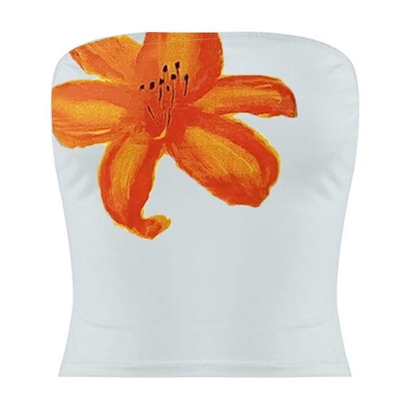 MNCEKFOD Graphic Tank Tops For Women Trendy Leisure Floral Printed Short Bandeau Top Elastic Slim Daily Casual Resort Sleeveless Wear Womens Casual Tops Orange L