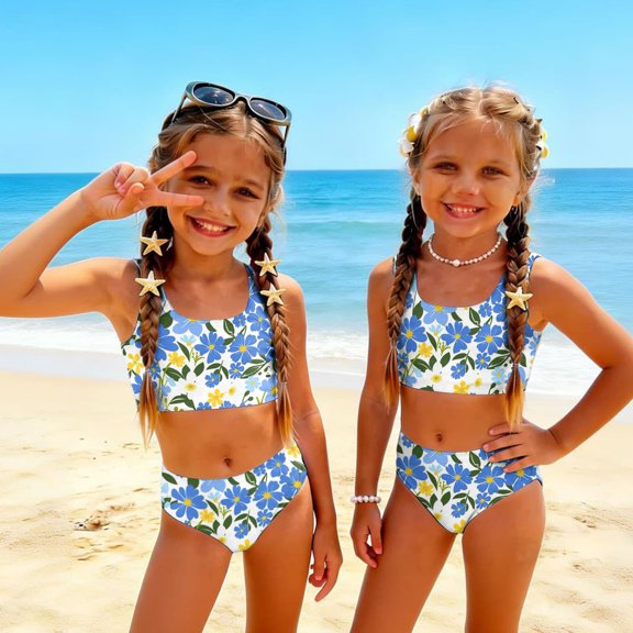 CCRFTGI Swimsuits for Child Girls Size 7 Two Piece Sets Swimming Girls Bathing Suit Beach Holiday Floral Print Bikini Set Summer Cute Girls Fashion Swimsuits Swimwear Sky Blue 1-2 Years