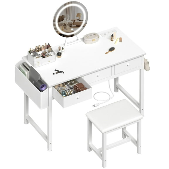 Girls Vanity Desk with Mirror and Lights Small Makeup Vanitys Set with Chair Fabric Drawers Power Outlet, Dressing Table Vanities for Kids Bedroom 40“ White