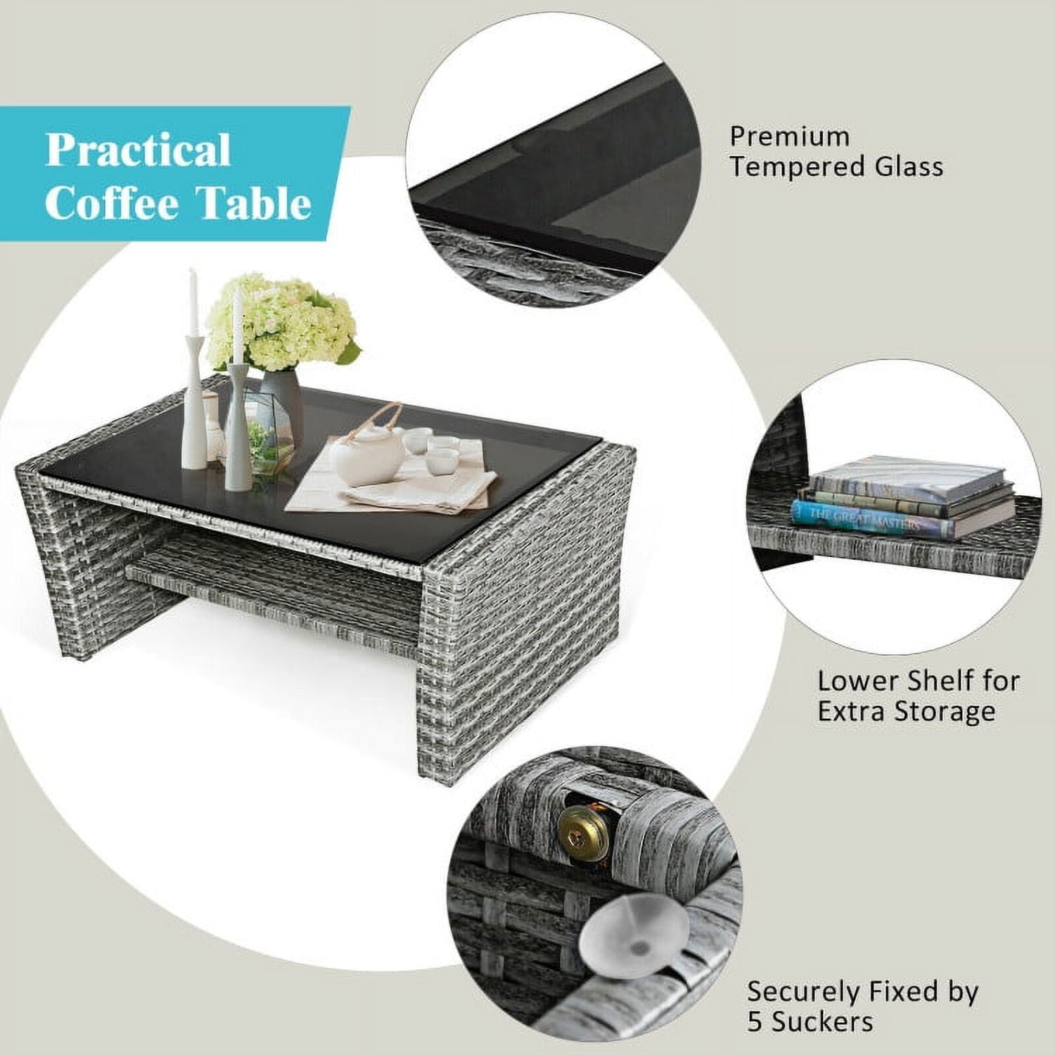 Aimee Lii 4 Pieces Wicker Patio Furniture Set Sofa Table with Storage Shelf Cushion, Modern Patio Furniture, Turquoise Aimee Lii 4 Pieces Wicker Patio Furniture Set Sofa Table with Storage Shelf Cushion, Modern Patio Furniture, Turquoise