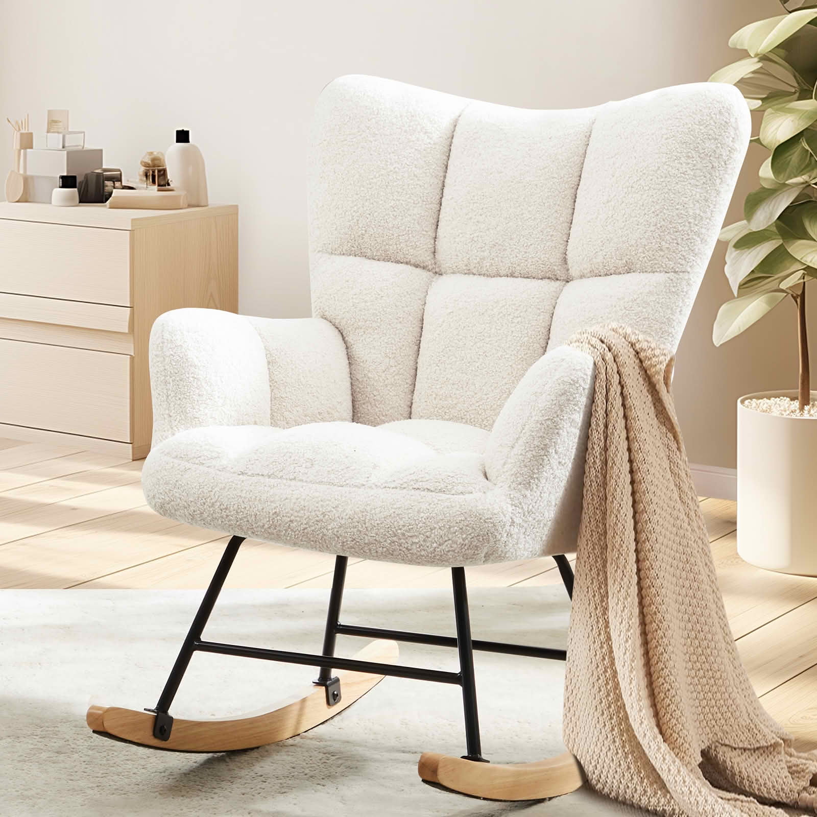 MAYEERTY Teddy Upholstered Modern Glider Rocker High Backrest Reading Chair for Nursery Bedroom Living Room