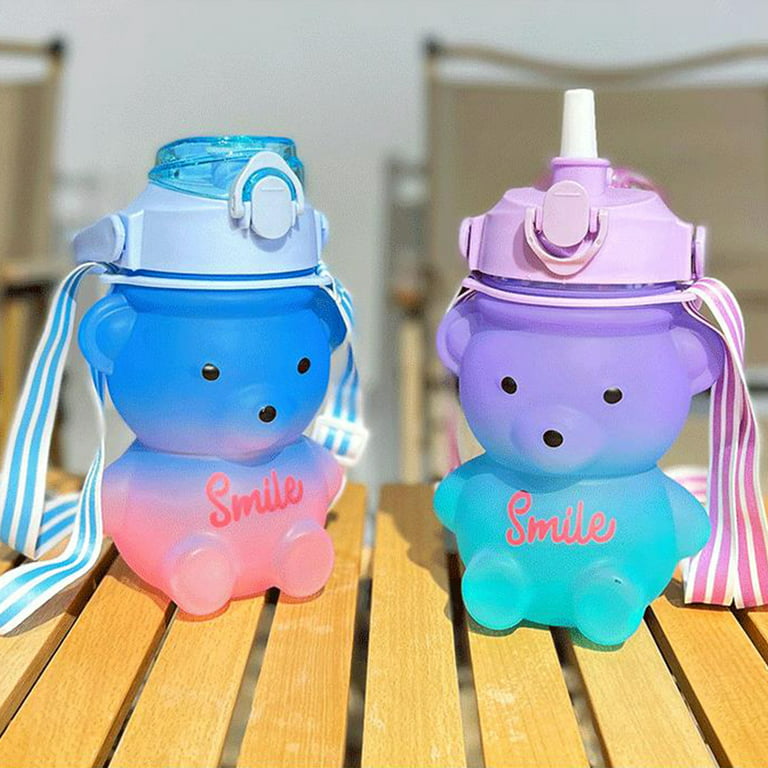 1000ML Cute Cartoon Bear Water Bottle With Strap and Big Straw Kawaii  Bubble Tea Bottle Aesthetic Bottle Cute Plastic Bottle 