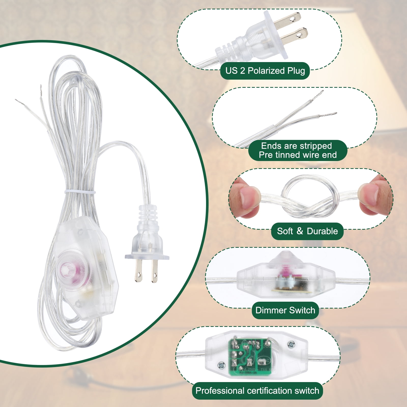 Uxcell 8 Feet 3 Set UL List Lamp Power Cord with Full Range Rotary Lamp, Clear