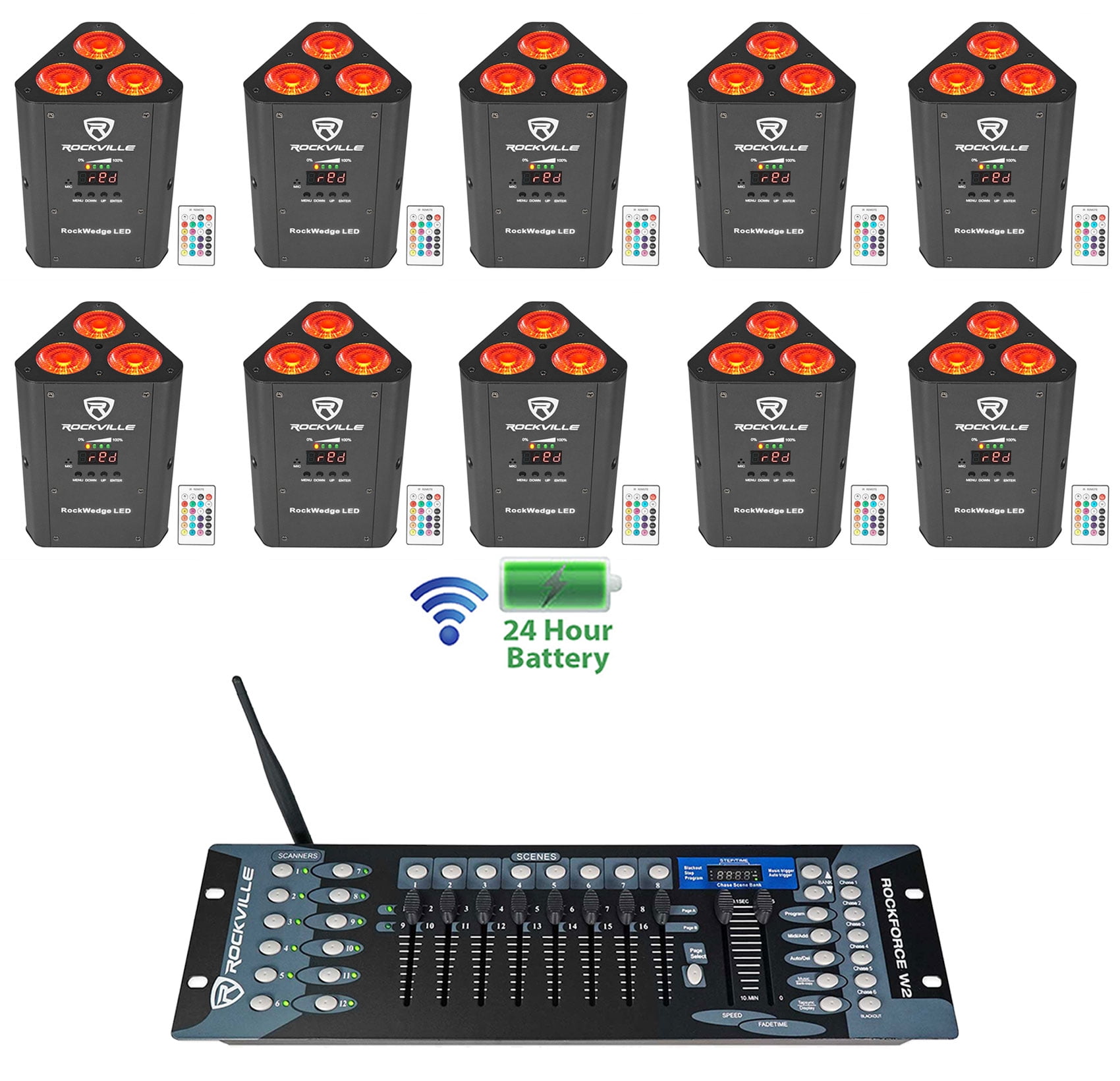 (10) Rockville RockWedge LED Battery Powered Par Lights+Wireless DMX