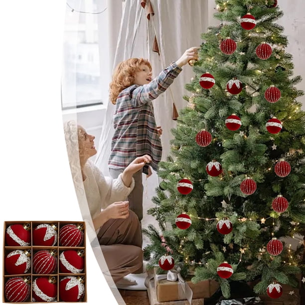 Conjunto de adornos para el baile de Navidad de 9 | Colgantes de árbol pintados con purpurina mate multicolor de 8 cm | Plástico de alta calidad | Marrón vino beige verde | Clásicas decoraciones