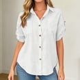thumbnail image 2 of FINALGANG Womens Lapel Collar Roll Tab Short Sleeve Solid Color Dual Bust Pocket Curved Hem Loose Button Down Shirt Relaxed Fit For Ladies Office Daily Outdoor Outing White L, 2 of 7