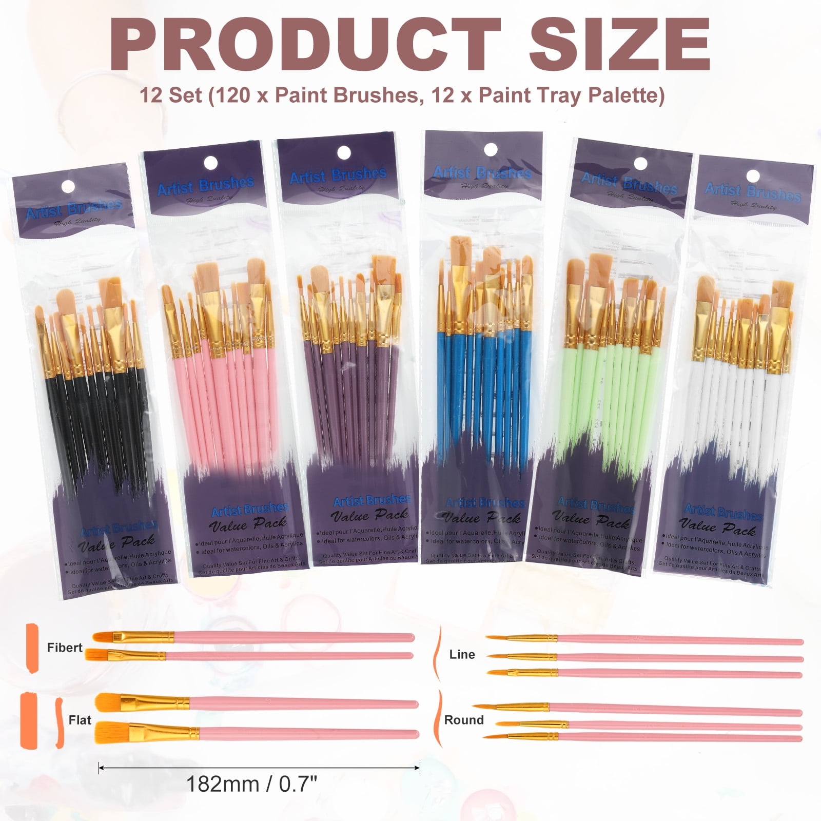 Painting Brush Palette Set with 120pcs Nylon Hair Paint Brushes and 12pcs Round Paint Tray Palette for Oil Watercolor Art, 6 Colors