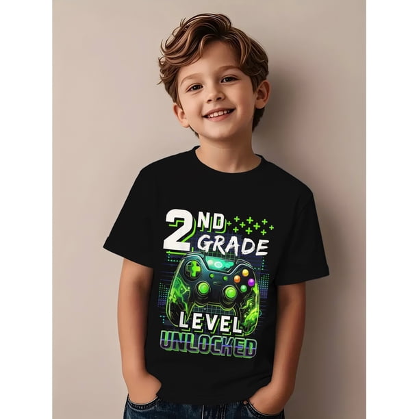 2nd Grade Boys' T-Shirt - Short Sleeve Round Neck, Vibrant Gaming Controller Graphic, "2nd Grade Level Unlockable" Design, Perfect Back-to-School & Summer Gift for Kids, Casual Kids Wea