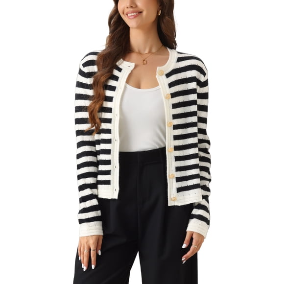 INSPIRE CHIC Women's Knit Sweater Striped Button Down Long Sleeve Casual Cardigan XL White Black