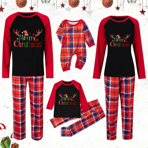 Odeerbi Christmas Pajamas for Family Holiday Plaid Long Sleeve Family Christmas Pajamas Matching Sets Dad Plaid Printed Loungewear Top Pants Set Two-Piece Sleepwear Xmas PJs Set Red