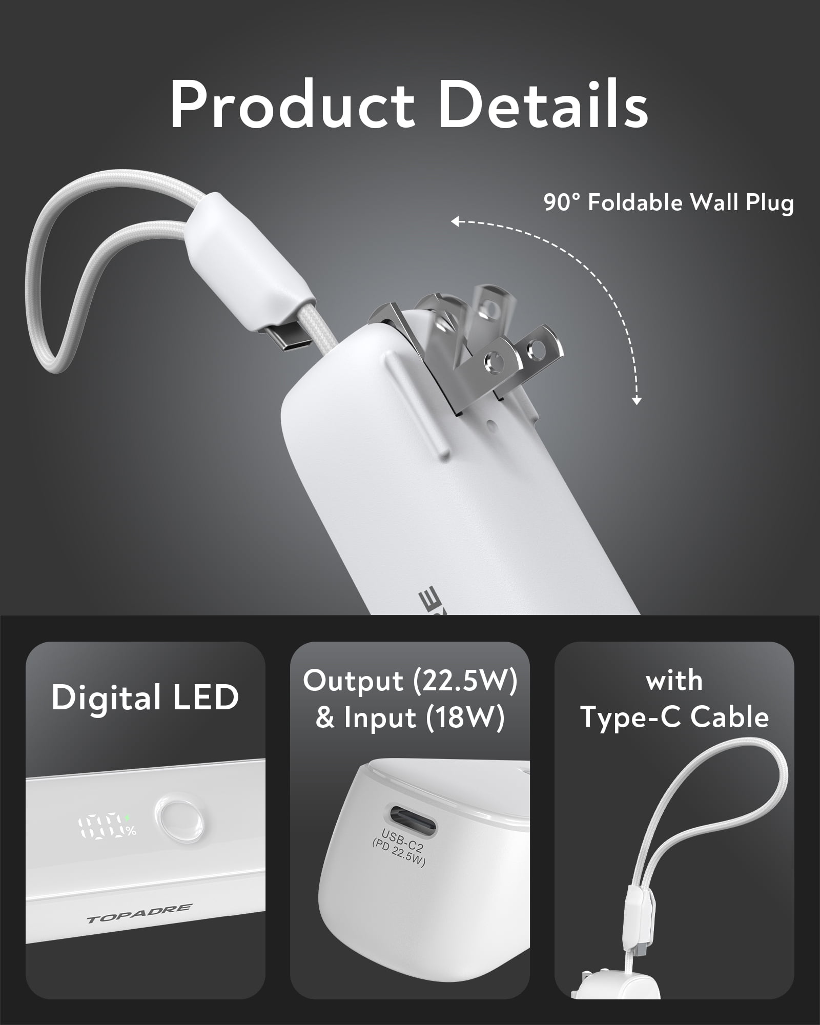TOPADRE 22.5W Power Bank, 5000mAh Portable Charger with Built-in USB-C Cable, Foldable Plug, Dual Type-C Ports, White