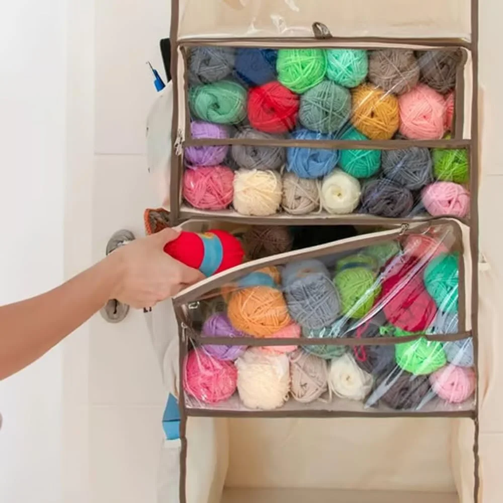 Yarn Heaven Storage Bag – Large Capacity Hanging，Large Capacity Hanging Organizer with 4 Clear Zipper Closure Compartments Pockets & 3 Side Crochet/Knitting Needles Pockets