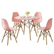 5-Piece 35.5'' Round Dining Table Set for 4, Kitchen Table Chair Set of 4, Mid-Century Modern Dinette Dining Room Table Set Dinner Table for 4 W/Solid Wood Legs, Pink