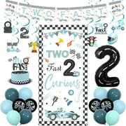 Two Fast Birthday Decorations Blue Black Race Car 2nd Birthday Party Decoration Banner Hanging Swirl Two Fast 2 Curious Door Banner Cake Topper Racing Car Theme Party Balloon Decor for Boy