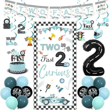 Two Fast Birthday Decorations Blue Black Race Car 2nd Birthday Party Decoration Banner Hanging Swirl Two Fast 2 Curious Door Banner Cake Topper Racing Car Theme Party Balloon Decor for Boy