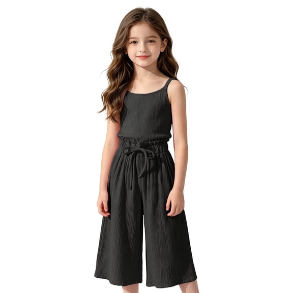 Whouriu Girls Wide Leg Cropped Pants Summer Breathable High Elastic Waist Capris, Sizes 2-14