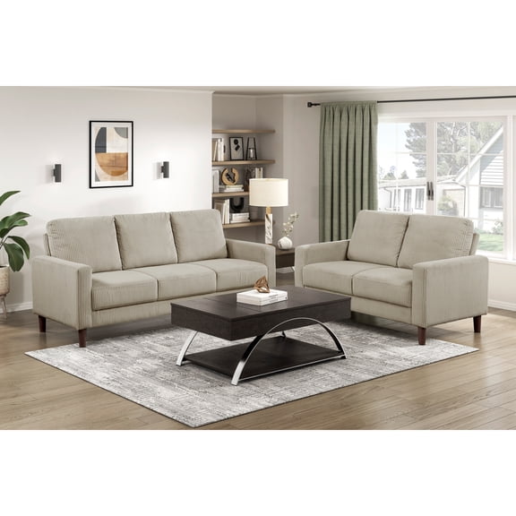 Miekor Furniture Modern Contemporary Sofa Set 2pcs Comfortable Sofa Loveseat Taupe Corduroy Upholstered Cushion Solid Wood Living Room Furniture MK8236