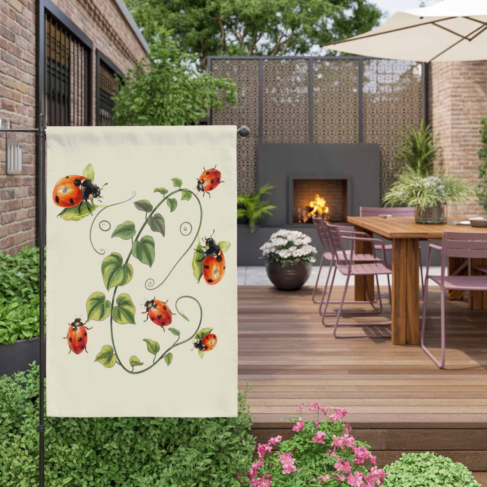 Red Ladybugs House Flag 28 x 40 Inches, Vines Cartoon Leaves Spring Plants Green Weather Proof Outdoor Patio Flags Double Sided Small House Decoration for Yard Lawn Outside Home