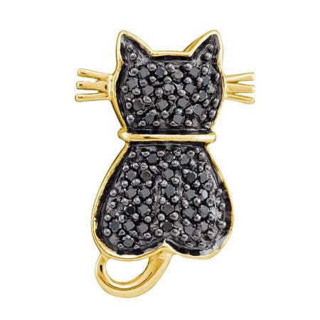 14K Yellow Gold 0.25ct Glamorous Pave Black Diamond "Cat" Fashion Pendant