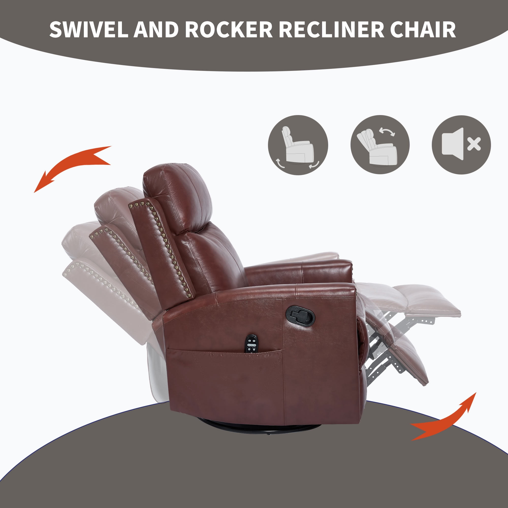 MAYEERTY Genuine Leather Swivel Recliner Chair, Manual Rocker Lounge Chair with 8-Point Massage & Lumbar Heat, for Living Room Home Theater