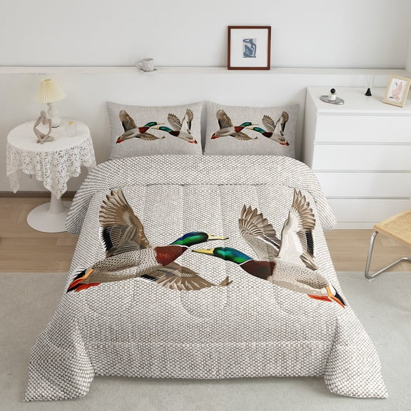 Mallard Duck Bedding Set Twin Wild Animal Comforter Set, Grey Honeycomb Duvet Insert Lake Wildlife Quilt Comforter, Modern Geometric Hexagon Bedding Comforters & Sets Hunting Theme Home Decor 2pcs