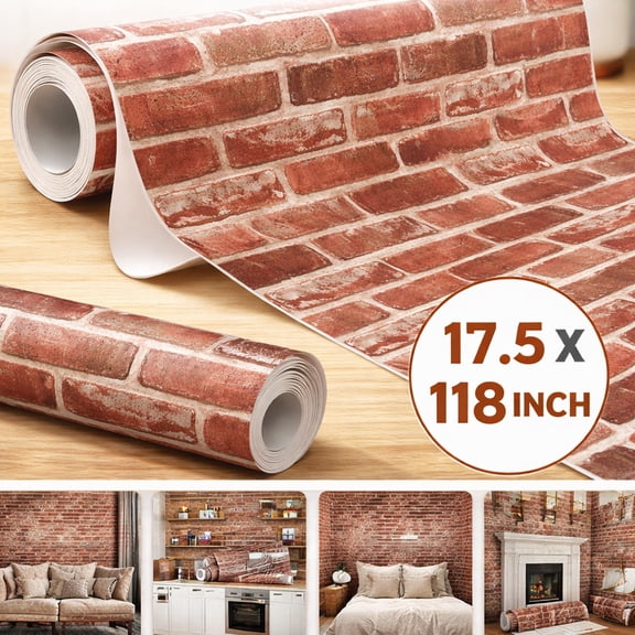 Ustris Red Brick Wallpaper Self-Adhesive Peel and Stick Wallpaper Waterproof and Removable Good for Home Decoration and Furniture Renovation 17.5 x 118 Inch
