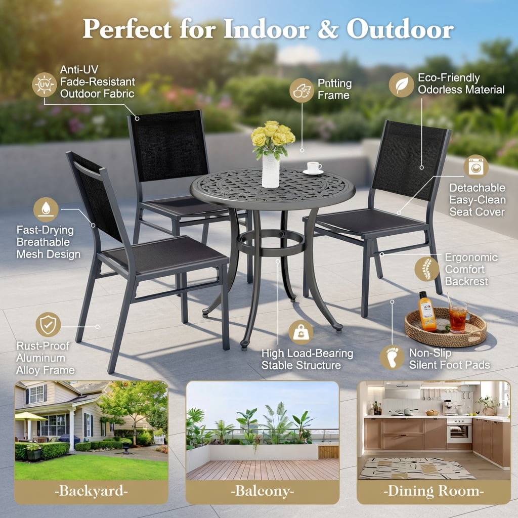 Hommoo 2-Pack Outdoor Dining Chairs, Breathable Mesh Back & Seat, Lightweight Aluminum Frame, Rust-Resistant for Patio, Porch, Poolside & Indoor Use, Black