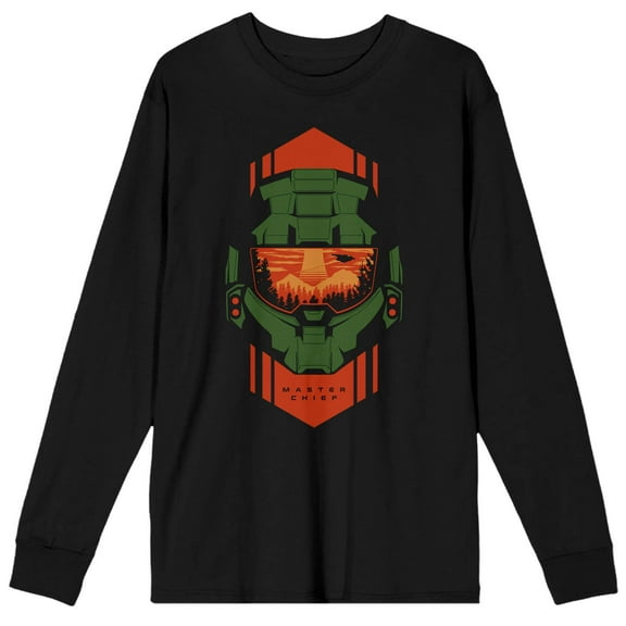 Halo Infinite Master Chief Head Armor Crew Neck Long Sleeve Men's Black Tee-Large