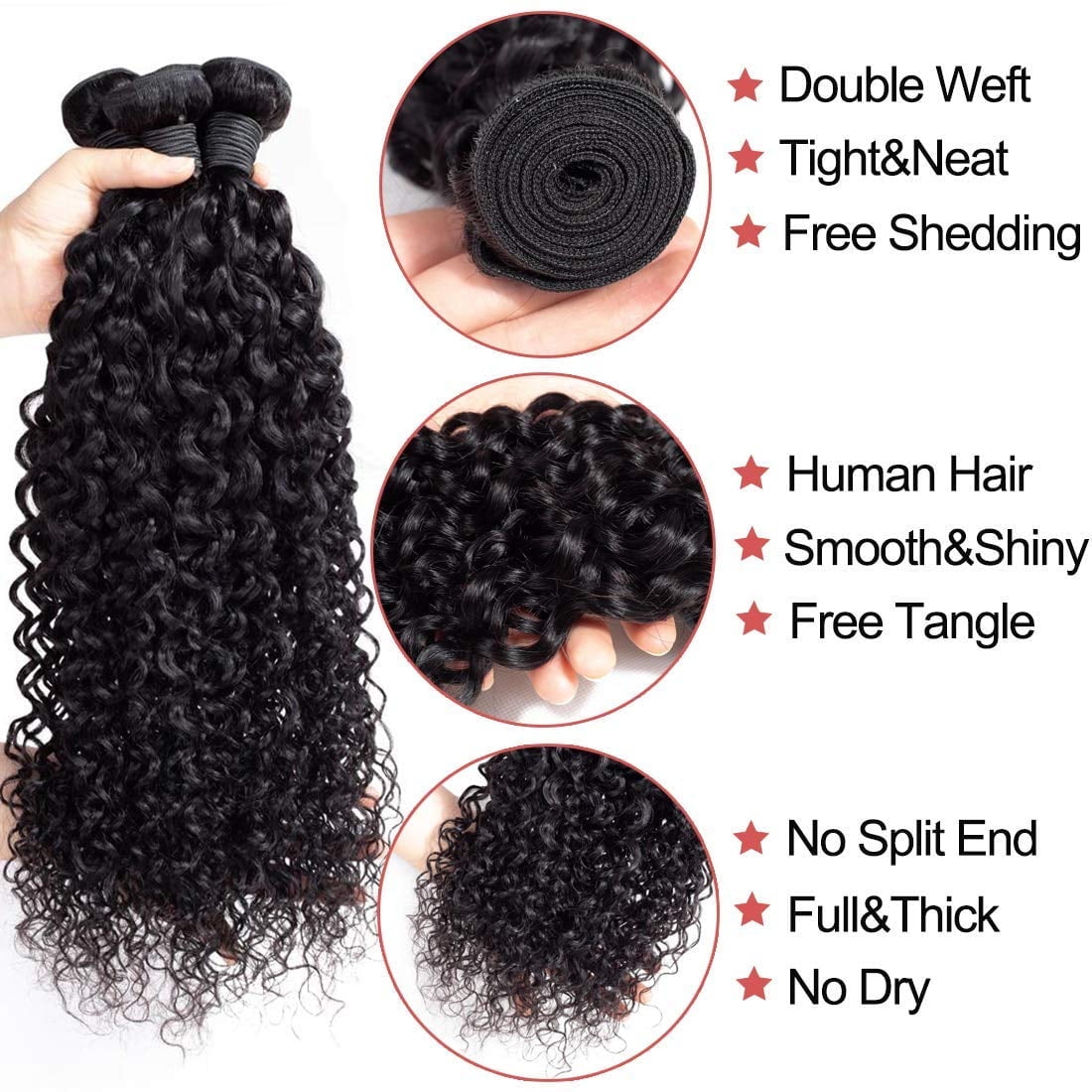 Jerry Curly Human Hair 3 Bundles with 4x4 Lace Closure Pre-Plucked 100% Unprocessed Brazilian Hair Weave Bundles Natural Black Color: 20"22"24"+ Closure 22"
