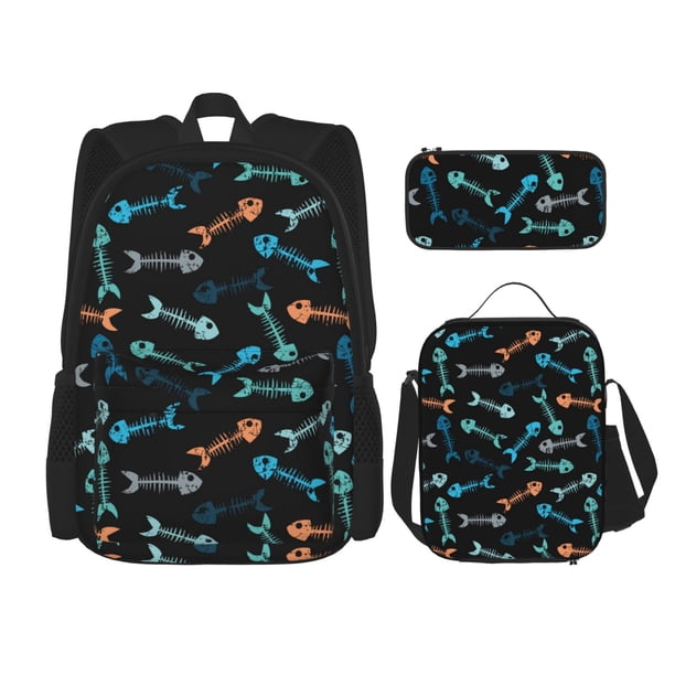 Fotbe Little Fish Skeleton Set Escolar 3 en 1 para Niños - Mochila Duradera con Lonchera Aislante y Estuche para Lápices - Mochila Escolar para Niños y Niñas