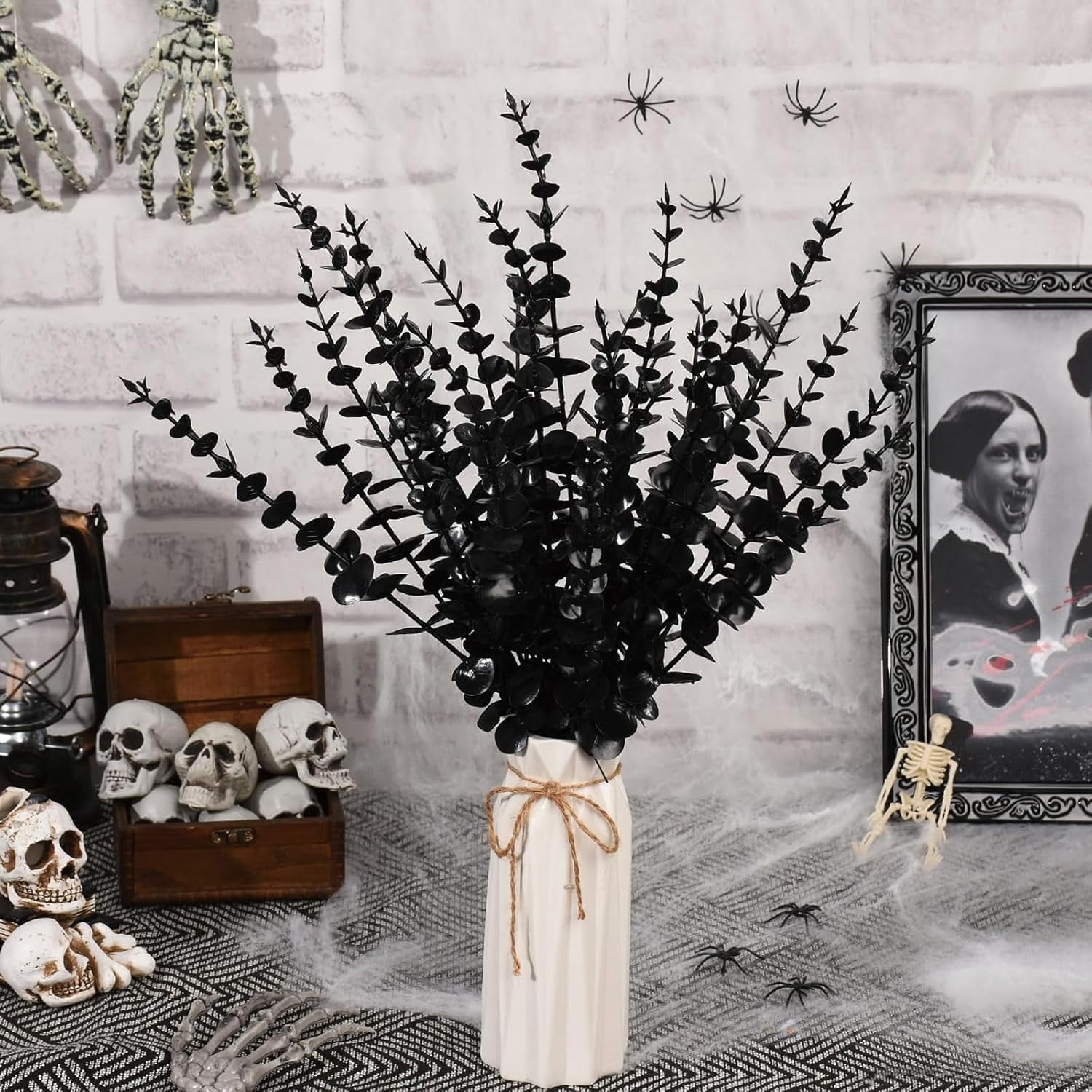 30 PCS Black Artificial Eucalyptus Stems Faux Flowers Fake Eucalyptus Leaves for Home Halloween Table Farmhouse Décor, 1 Branch