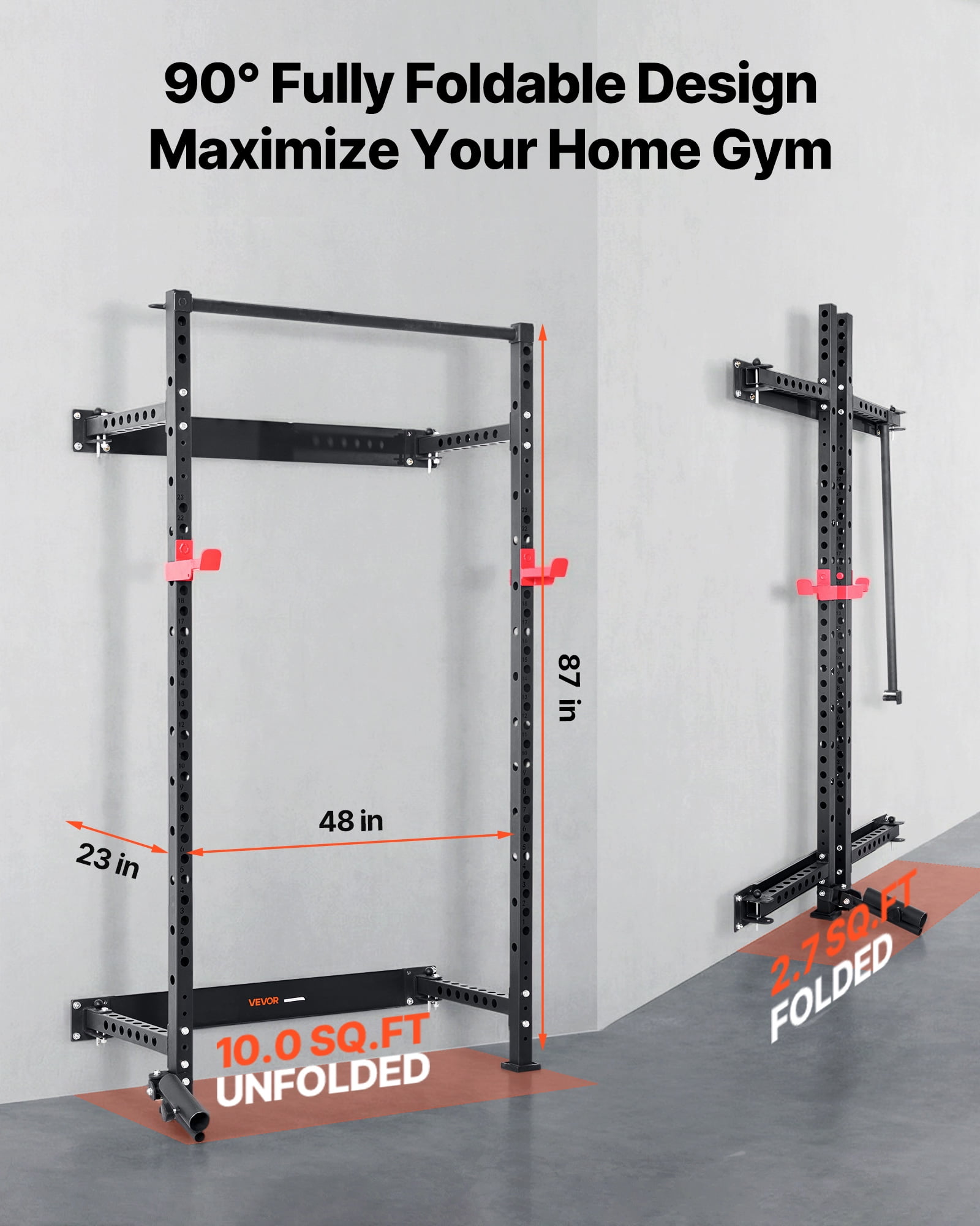 VEVOR Folding Power Cage, Wall-Mounted Power Rack Squat Rack, Multifunctional Strength Training Workout Equipment with Landmine Holder, Adjustable J-Hooks & Pull-Up Bar for Home Gym, 1000LBS Capacity