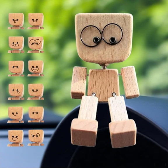 Shaking Wooden Man Figurine,Charming Little Wooden Figure That Sways with 12PCS Magnetic Expressions,Portable Handmade Car Ornament Desktop Decor,Creative Gift