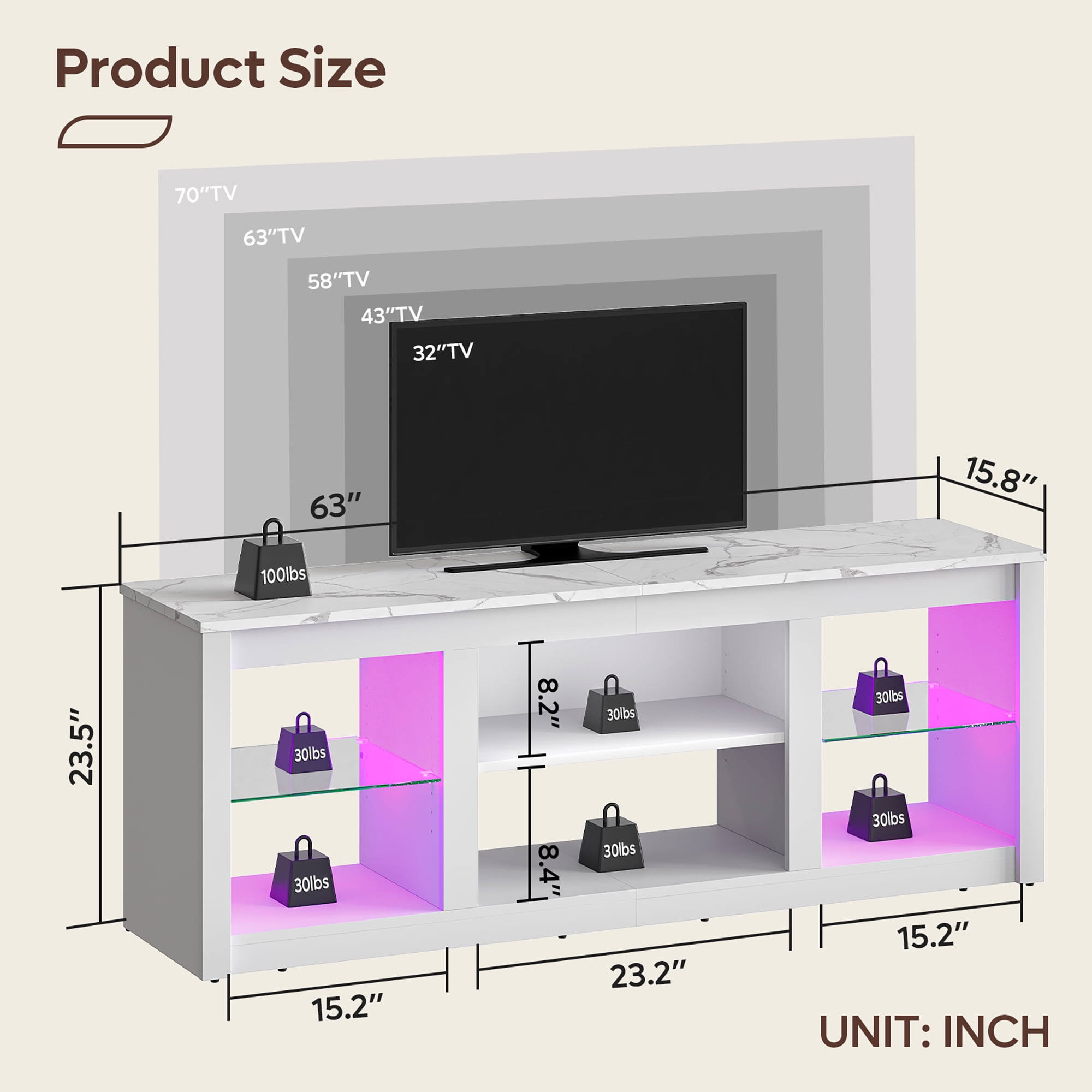 Bestier LED TV Stand for TVs up to 70", Entertainment Center with Storage Shelves, White Marble