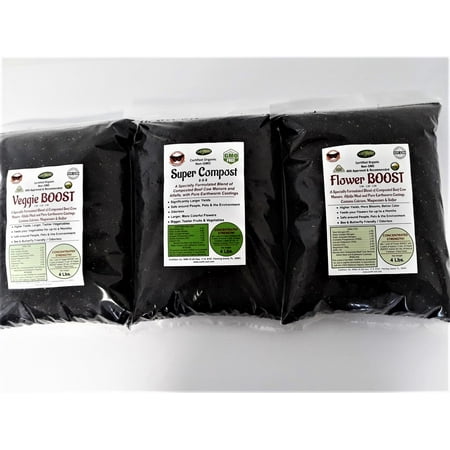 Super Compost Tri-Pack: 1 bag Super Compost, 1 bag Flower Boost, 1 bag Veggie Boost. Organic Fertilizer, Plant Food, Odorless, Great Value! Concentrated Strength. 4 Lbs. makes 20