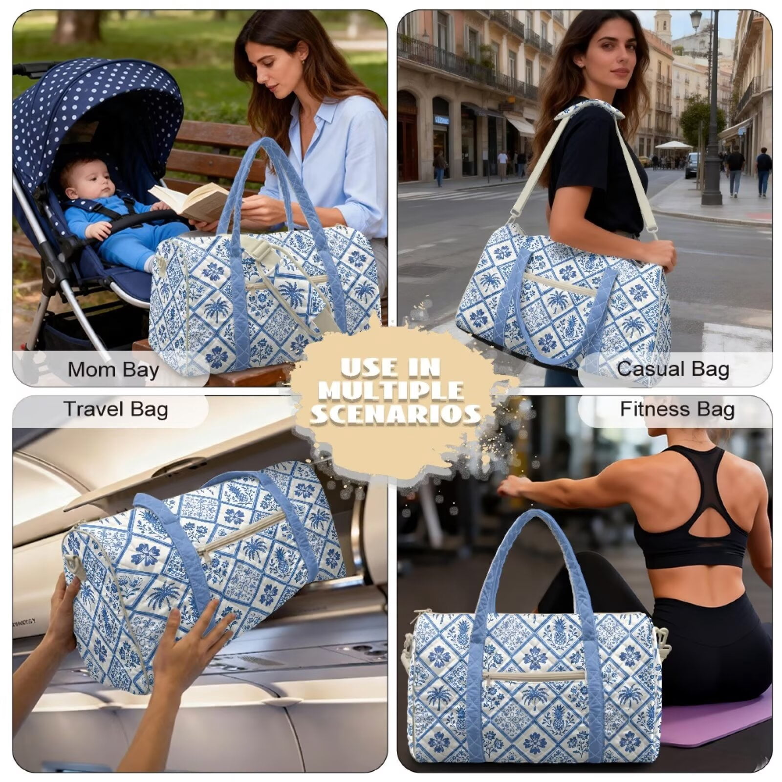 Pzuqiu Blue White Tile Print Quilted Weekender Bag for Women Travel Bags with Multiple Compartments Large Puffy Travel Duffle Tote Lightweight Carry On Overnight Gym Bag