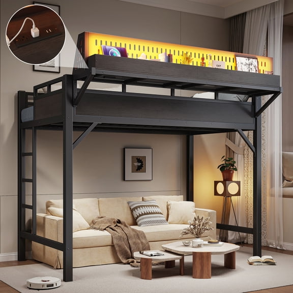 Twin XL Loft Bed, Pegboard, USB, LED, Shelves, Metal Frame, Sturdy,Black
