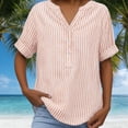 thumbnail image 5 of Otvok Plus Size Women's Cotton Linen Shirts Casual Comfortable Striped Print Short Sleeve V-Neck Summer Blouse, 5 of 7