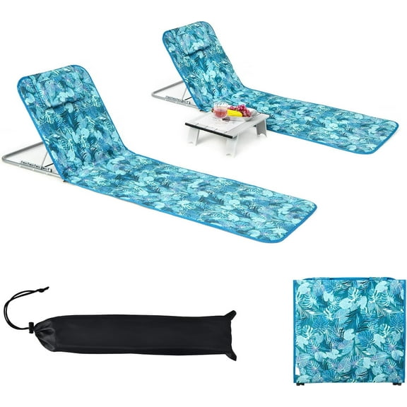 ZYPPP Beach Chairs, Folding Tanning Lounge Chairs with Table Set, Adjustable Patio Floor Chair, Outdoor Sunbath Chair with Desk, Pillow & Storage Bag for Outside, Patio, Poolside (Blue Leaves)