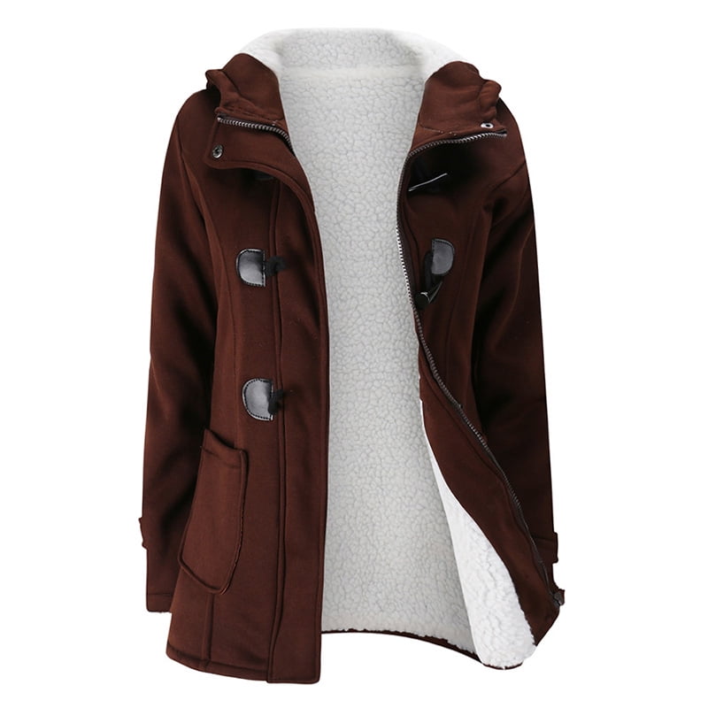 Anself - Women Hooded Duffle Coat Jacket Faux Fur Lining Buckle Zipper ...