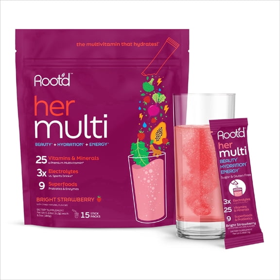 Root'd Multivitamin Powder for Women - 25 Vitamins & Minerals with 3X Electrolytes, 9 Organic Superfoods, Probiotics & Enzymes, Sugar-Free Multivitamin & Hydration | 15 Vitamin Drink Mix Packets