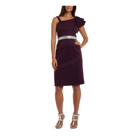 NIGHTWAY Womens Purple Sleeveless Asymmetrical Neckline Above The Knee Evening Sheath Dress Petites 6P