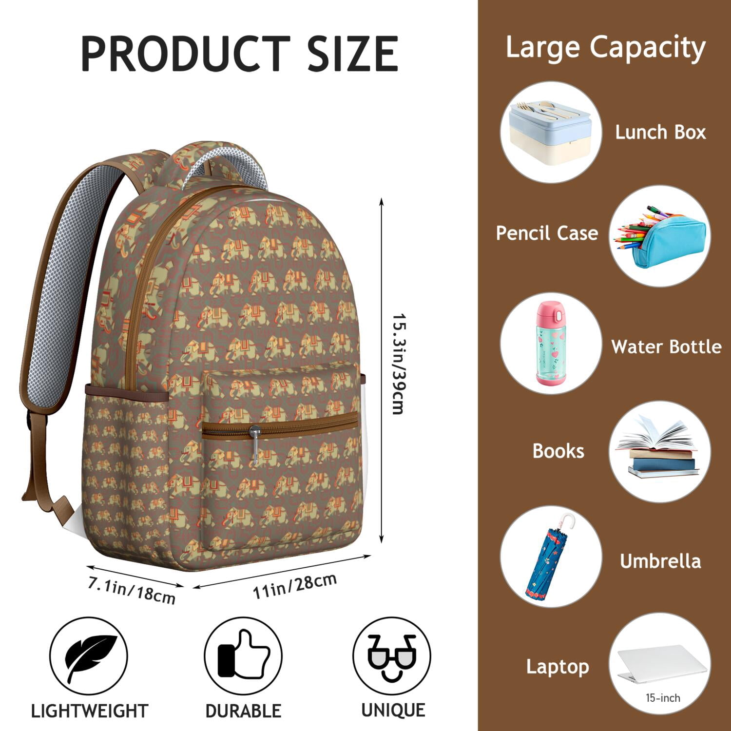 Elephant Design School Backpack - Durable Waterproof Bookbag for College, Spacious Laptop Compartment, Cute Elephant Print Gift for Students
