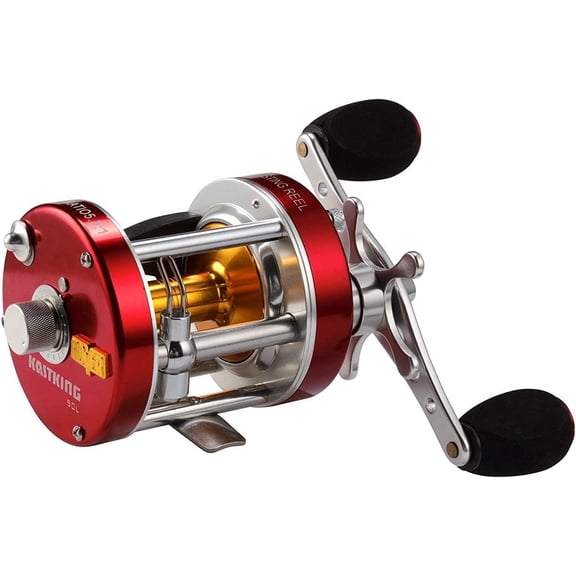KastKing Round Baitcasting Fishing Reel, Perfect Conventional Reel for Catfish, Salmon/Steelhead,Reinforced Metal Body- Rover-Red