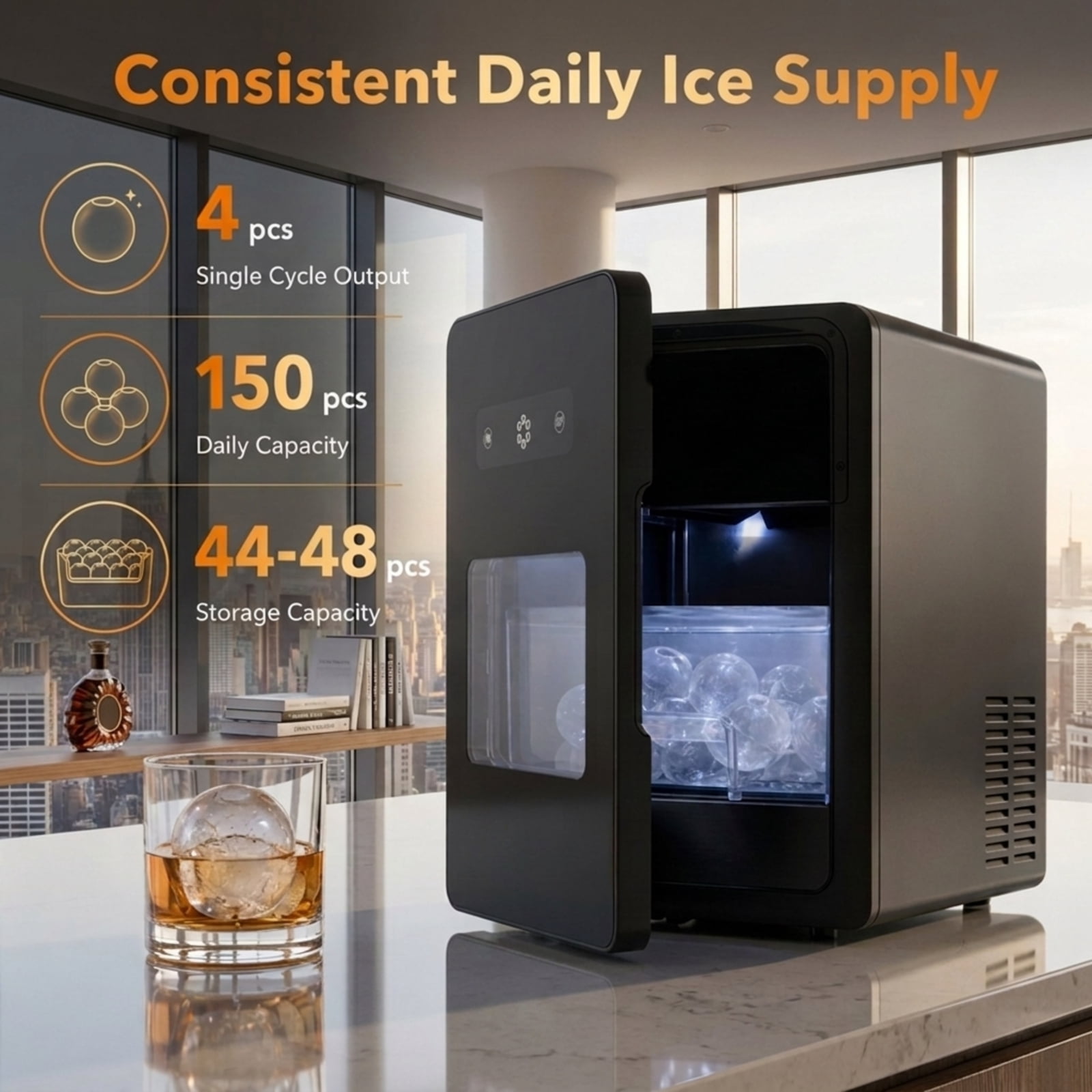 RUIE 2 Inch Ice Ball Maker Countertop, Sphere Ice Maker Machine 150 pcs/Day with Self-Cleaning for Home Bar Whiskey Cocktails, Black