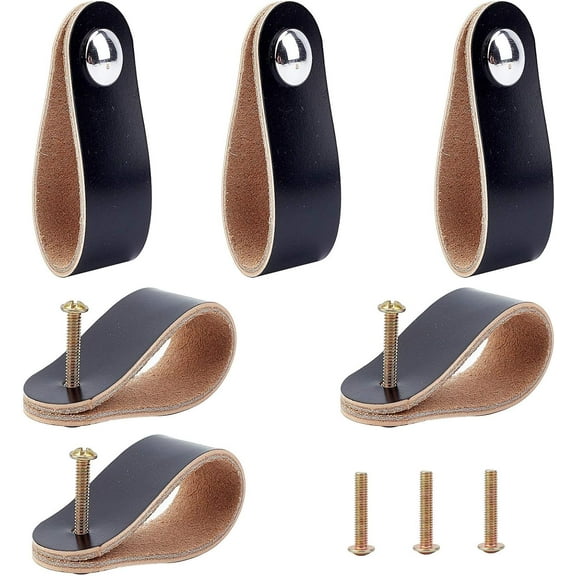 6Pcs Leather Drawer Pull Cabinet Handle Knob Wardrobe Door Cupboard Furniture Drawers Closet Handles Pulls with Screws for Avoid Collisions Black diy Black